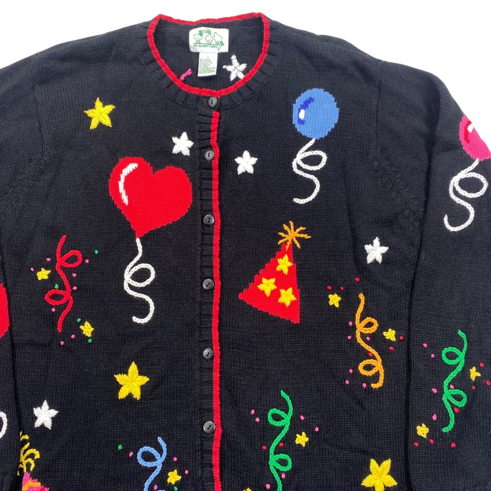 The Quacker Factory Cardigan Womens Large Black Celebration Balloon Heart Star